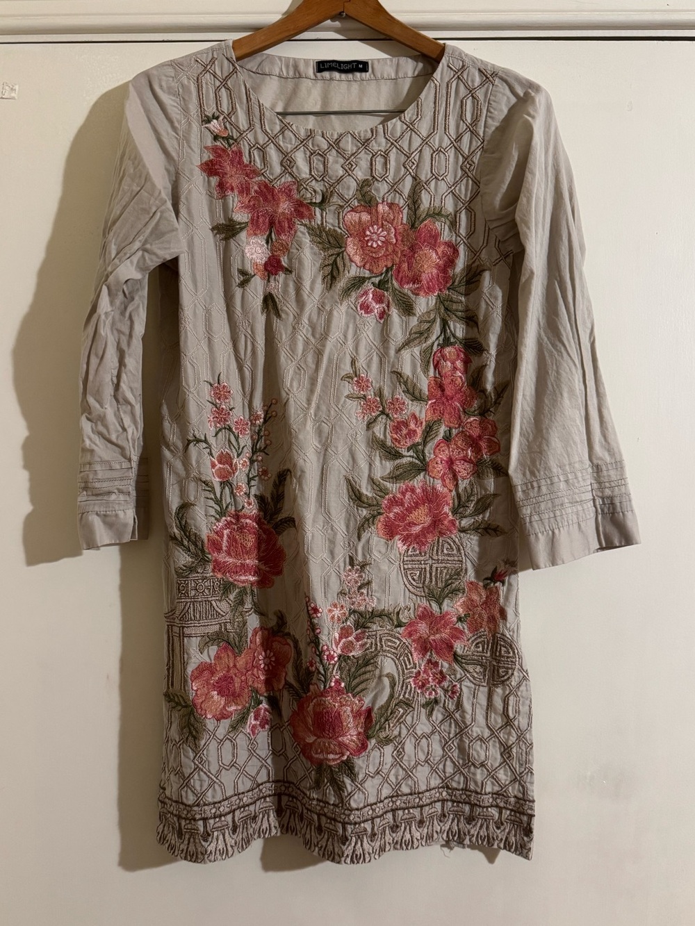 Limelight Beige Pakistani Kurti with Pink Floral Embroidery